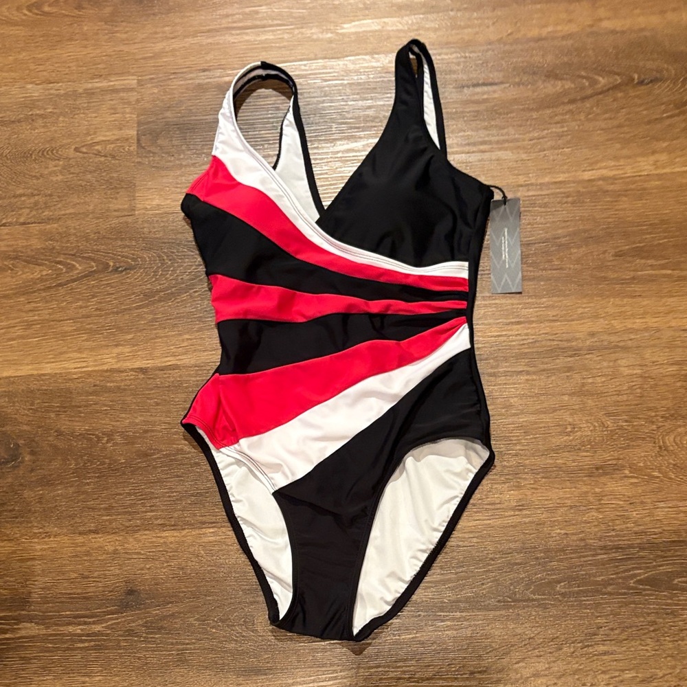 Elegant Black, Red, and White Women's One-Piece Swimsuit